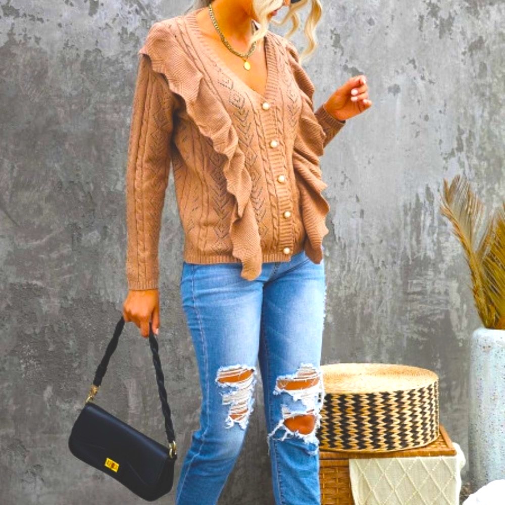 NWT SOFT!Khaki (more of a tan) Ruffled Buttoned Open Front Knitted Sweater